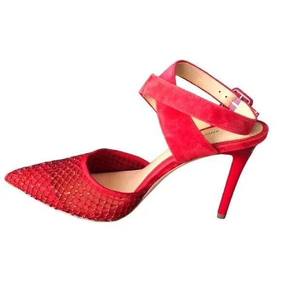NWT Antonio Melani Red Mesh Sparkle Pointy Front Suede Ankle Strap High Heels - Picture 3 of 7